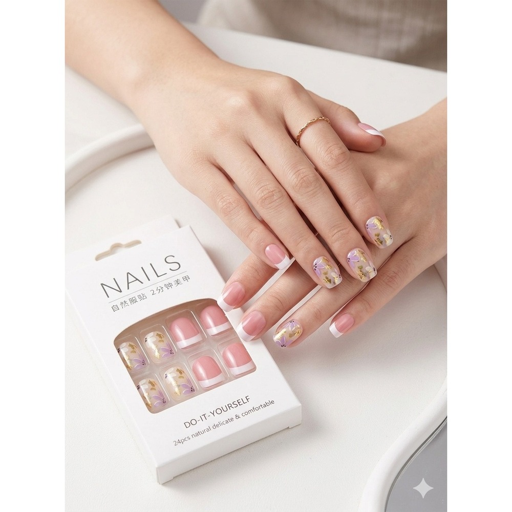 NIB Press-On Nail Set 24 Pic Floral and‎ French Tips